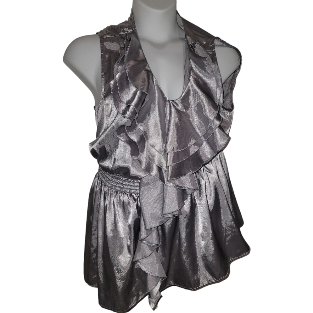 Ashley Stewart plus size ruffled v neck silver tunic blouse shirt top 18 20